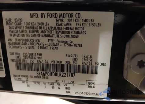2020 Ford Fusion Se z USA, uszkodzony, nr VIN 3FA6P0HD8LR221787